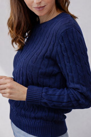Navy Cable Knit Cotton Crewneck Sweater