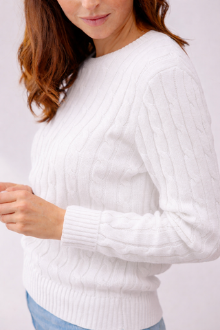 White Cable Knit Cotton Crewneck Sweater