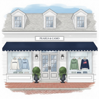 Illustration of a store front with 'Pearls & Camo' sign and clothing displayed in windows.