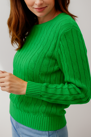Kelly Green Cable Knit Cotton Crewneck Sweater