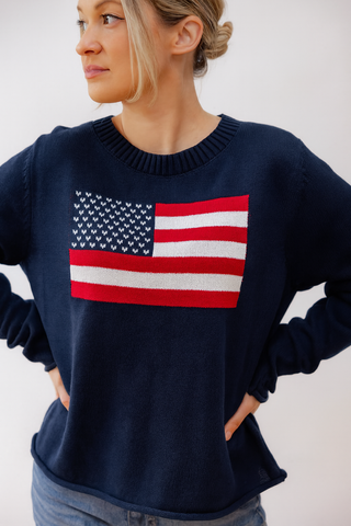 Pearls & Camo Classic American Flag Sweater-Navy